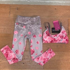 NWT Onzie Girls Matching Set Leggings & top in grey & pink floral, size 4-6